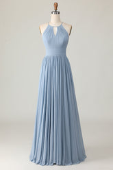 Staubblaues Langes Neckholder Brautjungfernkleid aus Chiffon mit Rüschen und Schlüssellöchern